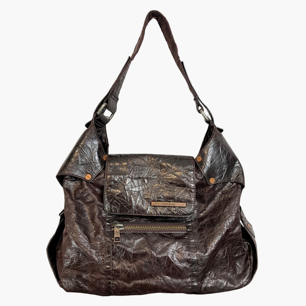 Matt & Nat Dark Brown Vegan Leather Crinkle Hobo Shoulder Bag Distressed Large‎
